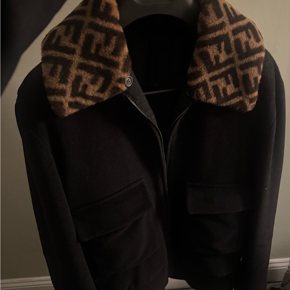 Fendi Black Bomber Jacket with Brown Patterned Collar